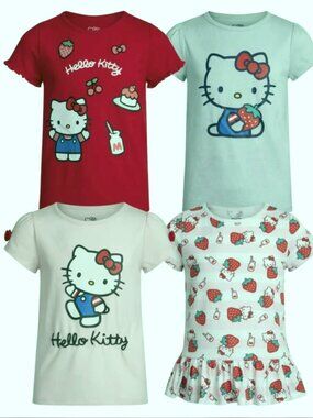 Hello Kitty Girls 4-Pack T-Shirts Size 5 NWT Cute Strawberry Graphic Tee Bundle
